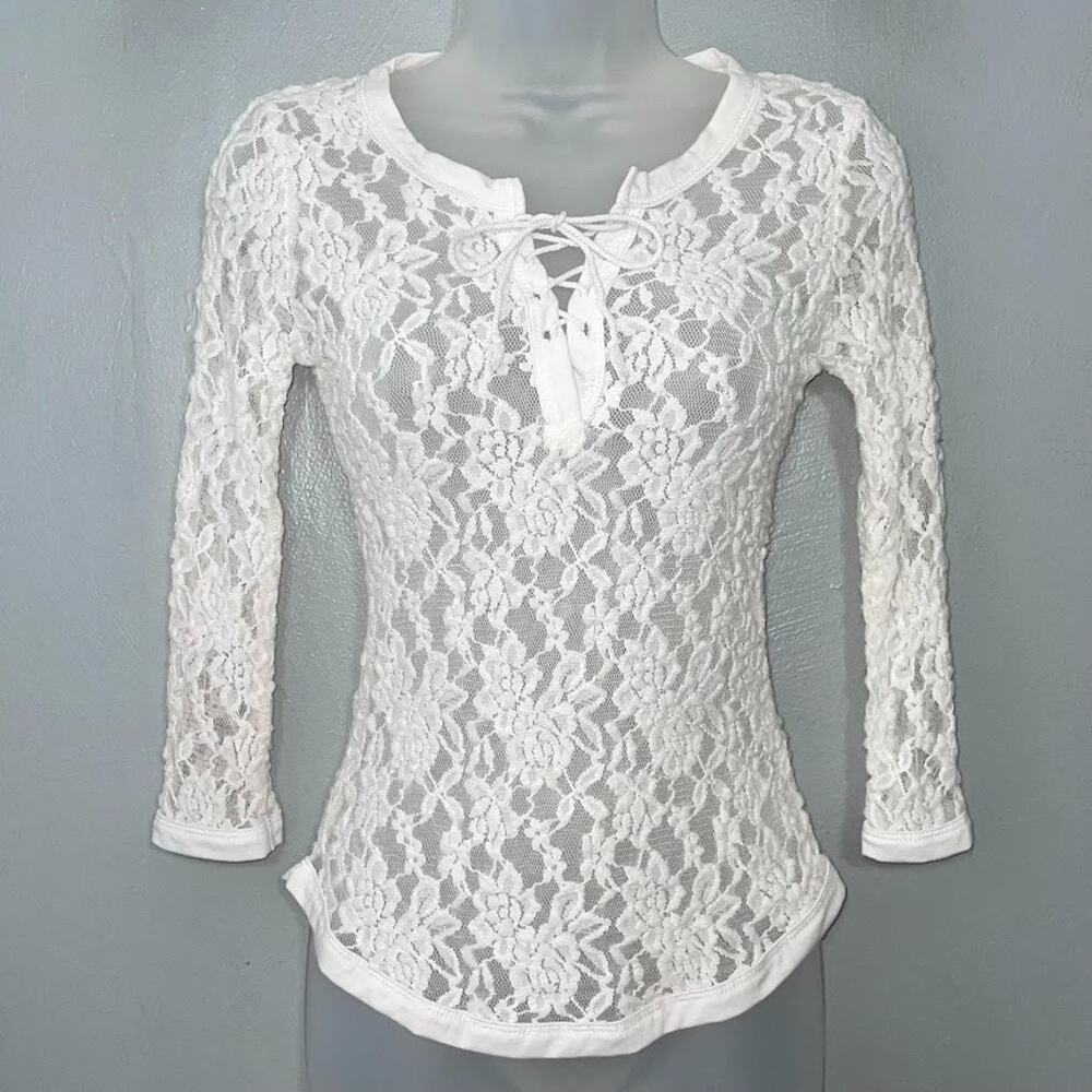 Soft White Stretch Lace Up Top Size Small Coquette Going Out Fairy Grunge Sheer